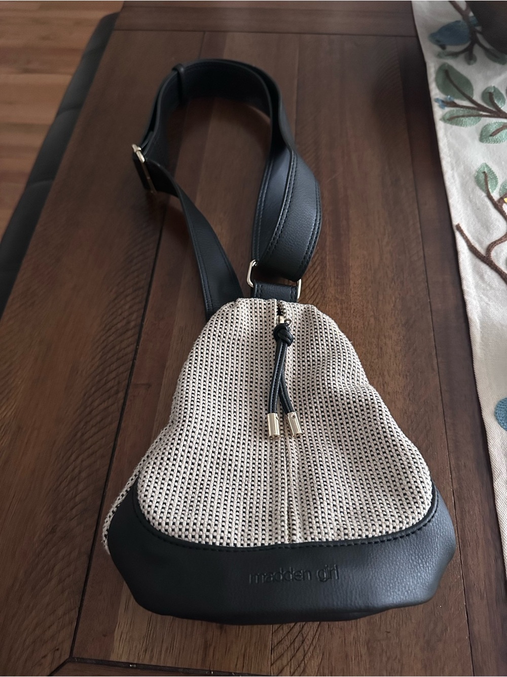 Madden Girl Black & Beige Woven Crossbody Sling